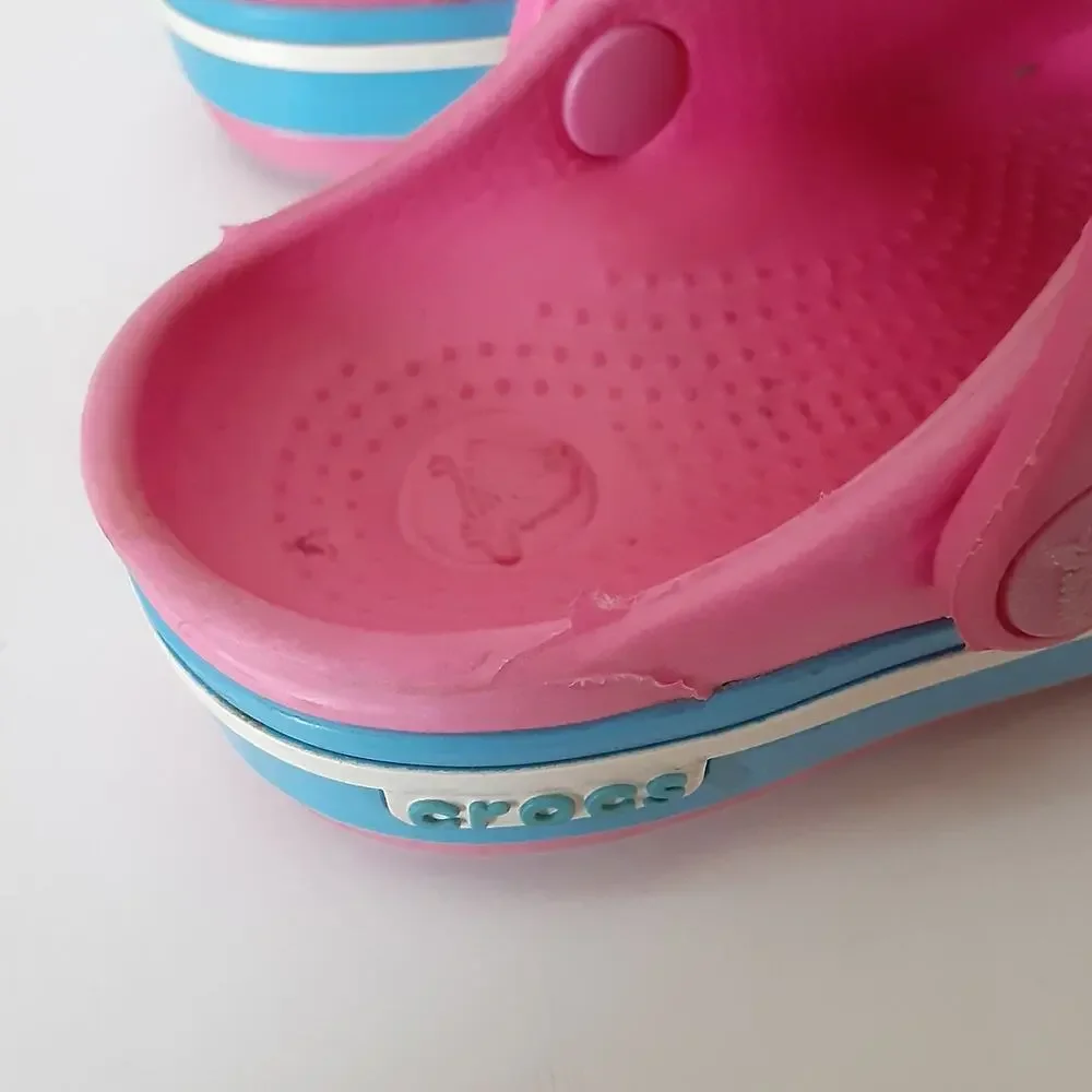 Crocs Crocband Clogs Toddler 4/5 Hot Pink Blue Stripe Retro Water Shoes Summer